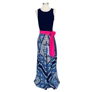 Eliza J Blue Geo Scarf Print Maxi Dress with Pink Sash 10